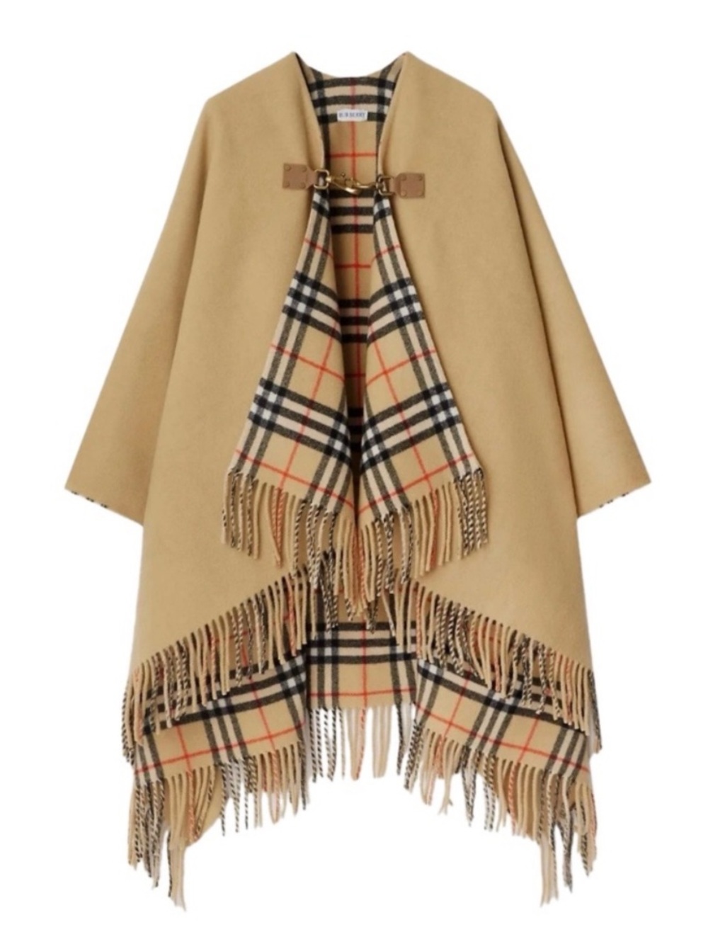 BURBERRU Check fringed cape poncho with front buckle